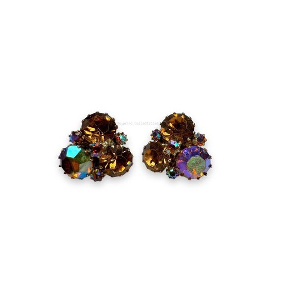 Weiss Brown Tan Topaz Aurora Borealis Crystal Brooch Clip On Earring Set Vintage - Picture 3 of 12